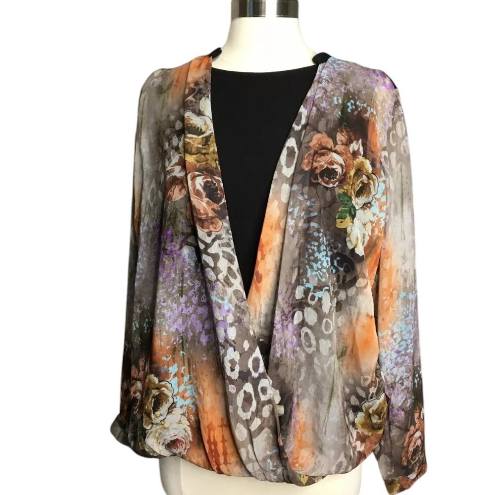 X-Two Blouse Black Knit w/ Chiffon Cover Size 12